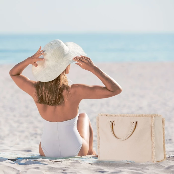 Sac coton frangé zippé  36 x 32  x 19 cm